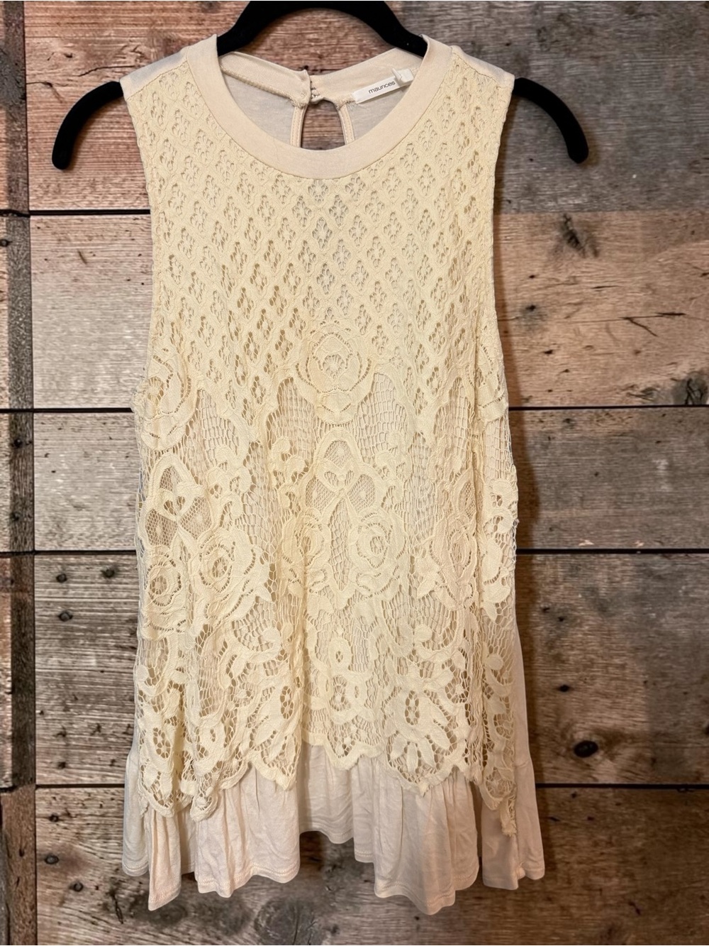 Maurices Cream Crochet Lace Overlay Tank Ruffle Hem Keyhole Back Coquette Boho M